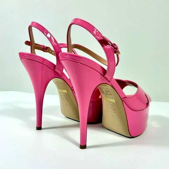 Moschino Logo Leather Platform Stiletto Sandals Heels Pink Gold NEW